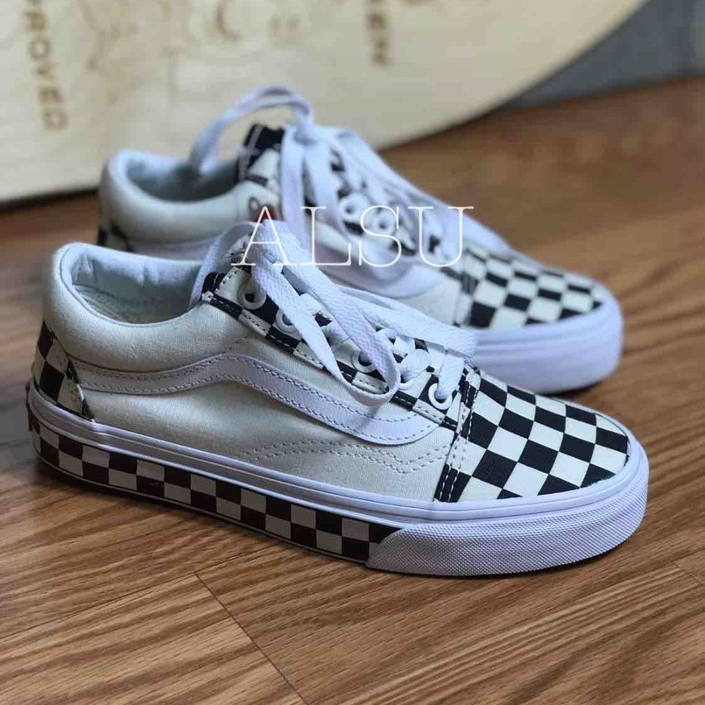 VANS OLD Skool Checker Sidewall White Black Kid’s - Picture 2 of 8